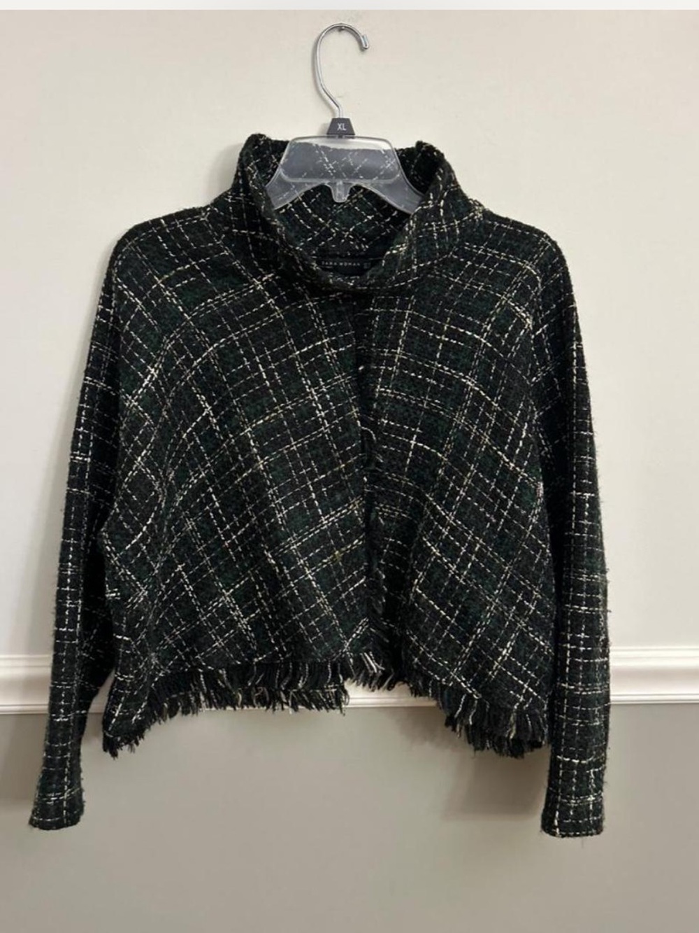 Zara Woman Plaid Tweed Fringe Cropped Green Black Pullover Top Medium